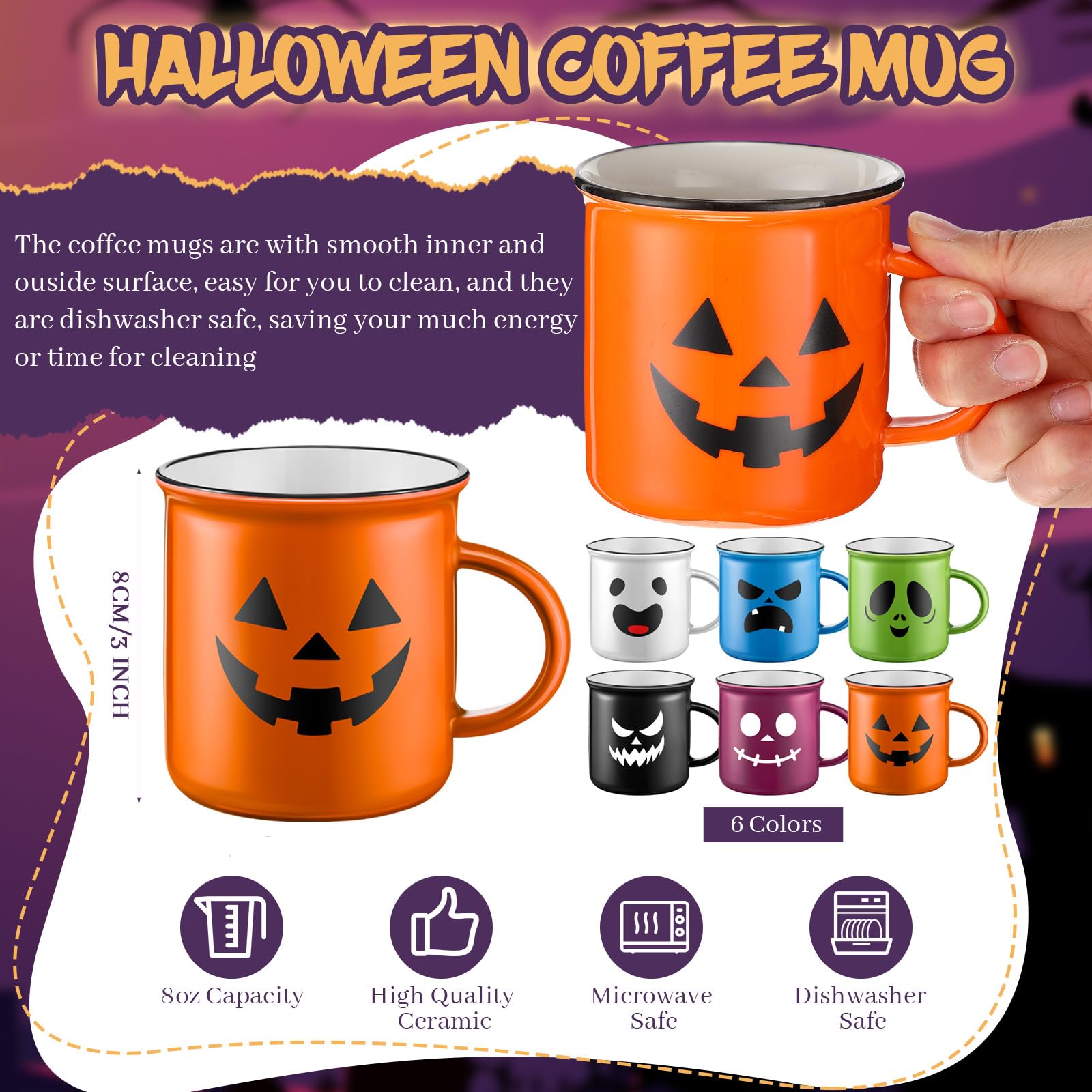 Bokon Halloween Coffee Mug Set of 6 Scary Pumpkin Ghost Spooky Smile Face Ceramic Cup Trick or Treat Gifts for Fall Party Decor Home Office Housewarming Novelty Accessories, 8.5 Oz, 6 Colors
