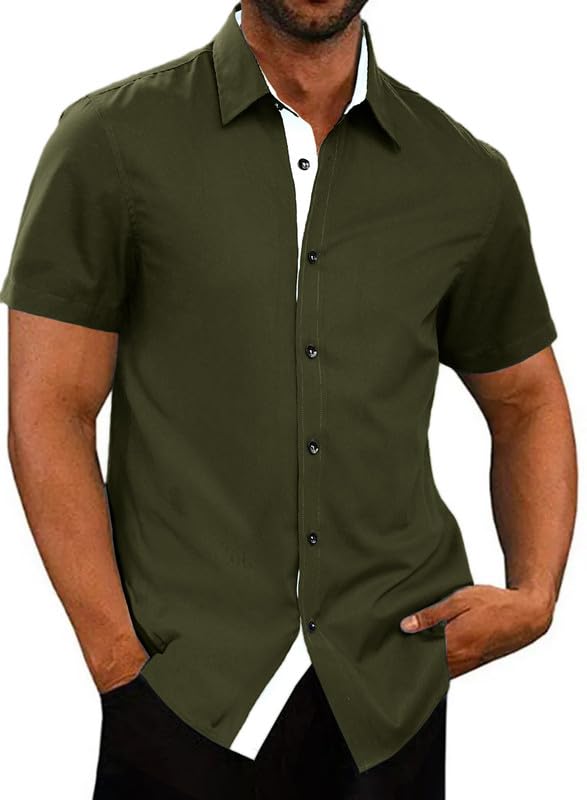 JMIERR Men's Casual Button Down Shirts Wrinkle-Free Short Sleeve Business Muscle Slim Fit Non Iron Dress Shirt for Men, XL, Olive Green