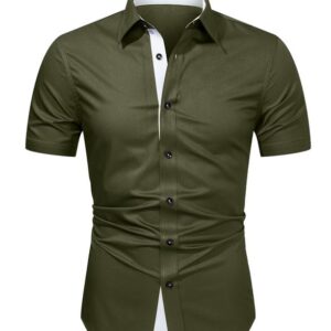 JMIERR Men's Casual Button Down Shirts Wrinkle-Free Short Sleeve Business Muscle Slim Fit Non Iron Dress Shirt for Men, XL, Olive Green