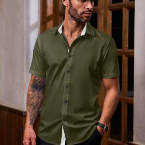 JMIERR Men's Casual Button Down Shirts Wrinkle-Free Short Sleeve Business Muscle Slim Fit Non Iron Dress Shirt for Men, XL, Olive Green