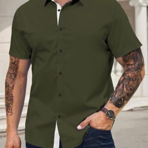 JMIERR Men's Casual Button Down Shirts Wrinkle-Free Short Sleeve Business Muscle Slim Fit Non Iron Dress Shirt for Men, XL, Olive Green