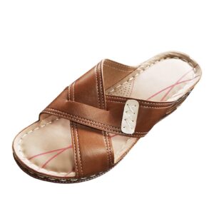 zhizaihu women slip on wedge sandals summer comfortable beach shoes pu leather open toe platform sandals (brown, 8)
