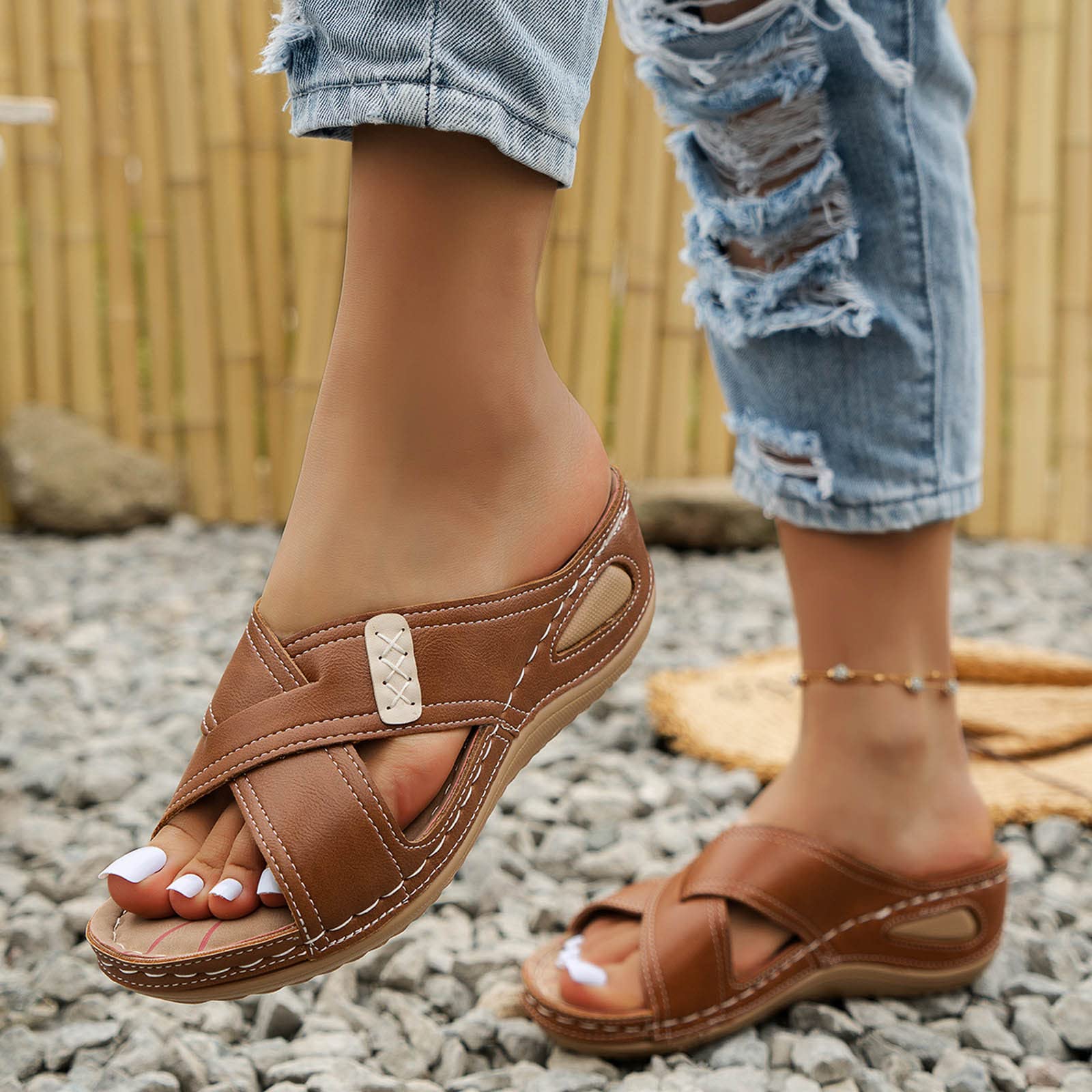 ZHIZAIHU Women Slip On Wedge Sandals Summer Comfortable Beach Shoes PU Leather Open Toe Platform Sandals (Brown, 8)
