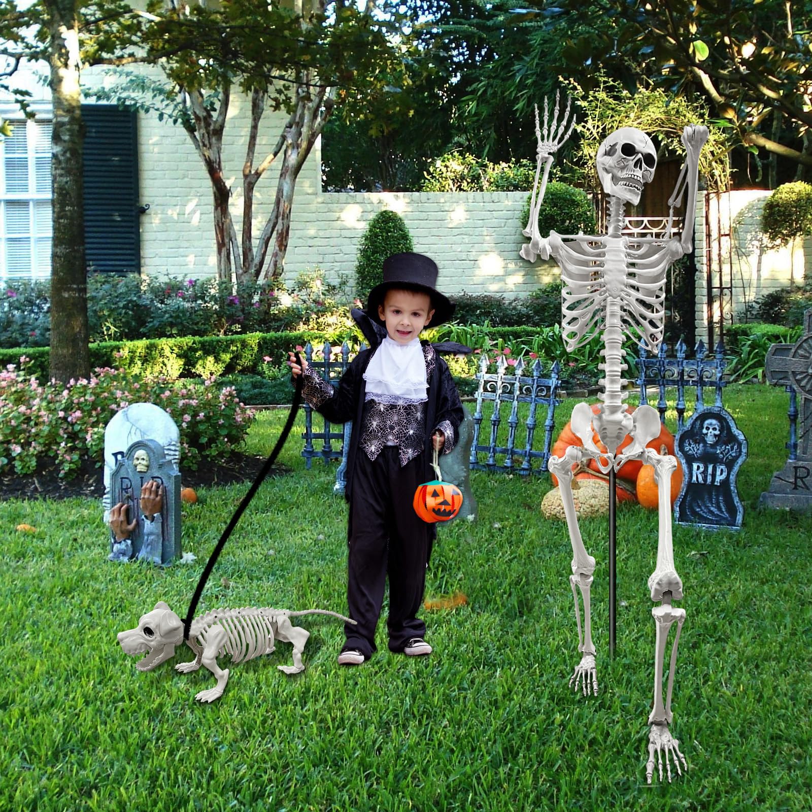 Lodou 5.4Ft Posable Life Size Human Adult Skeletons with Dog Skeleton, Plastic Human Bones with Movable Joints for Halloween Decoration