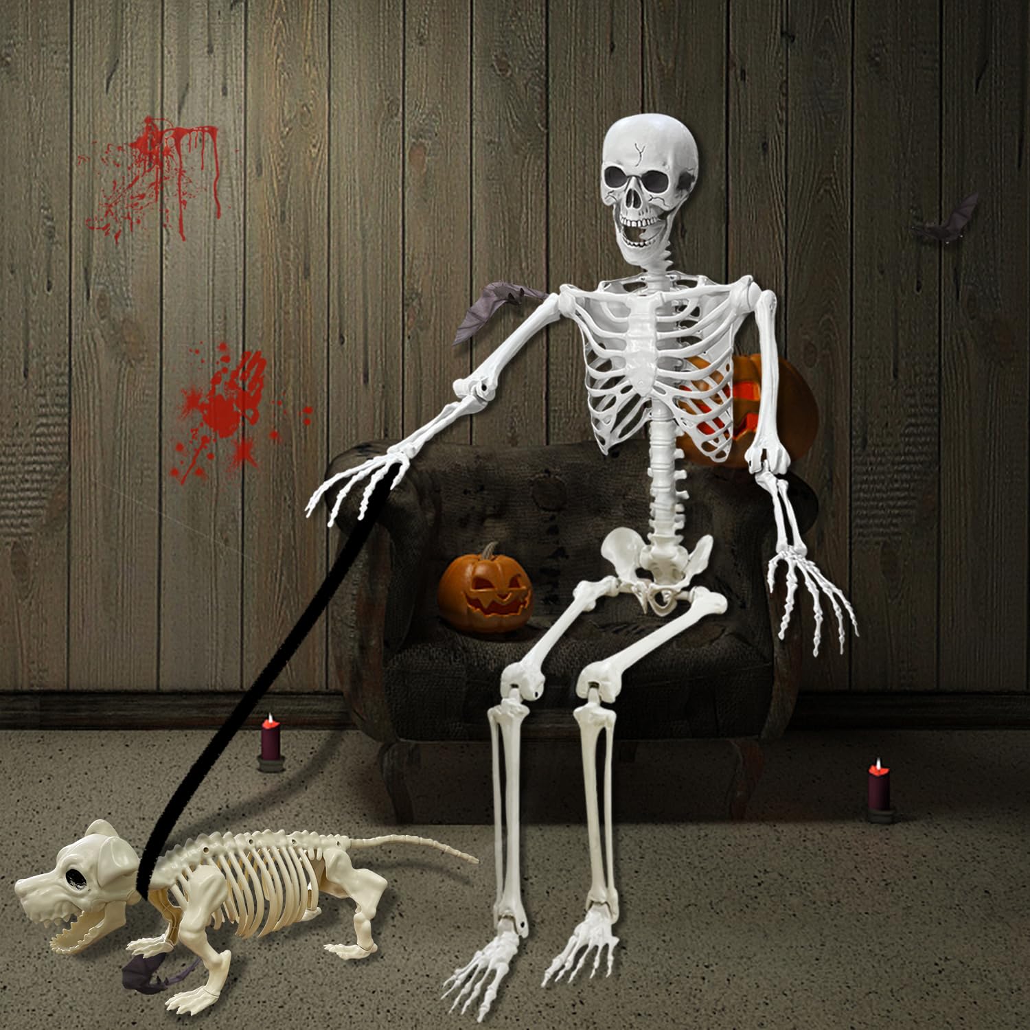 Lodou 5.4Ft Posable Life Size Human Adult Skeletons with Dog Skeleton, Plastic Human Bones with Movable Joints for Halloween Decoration