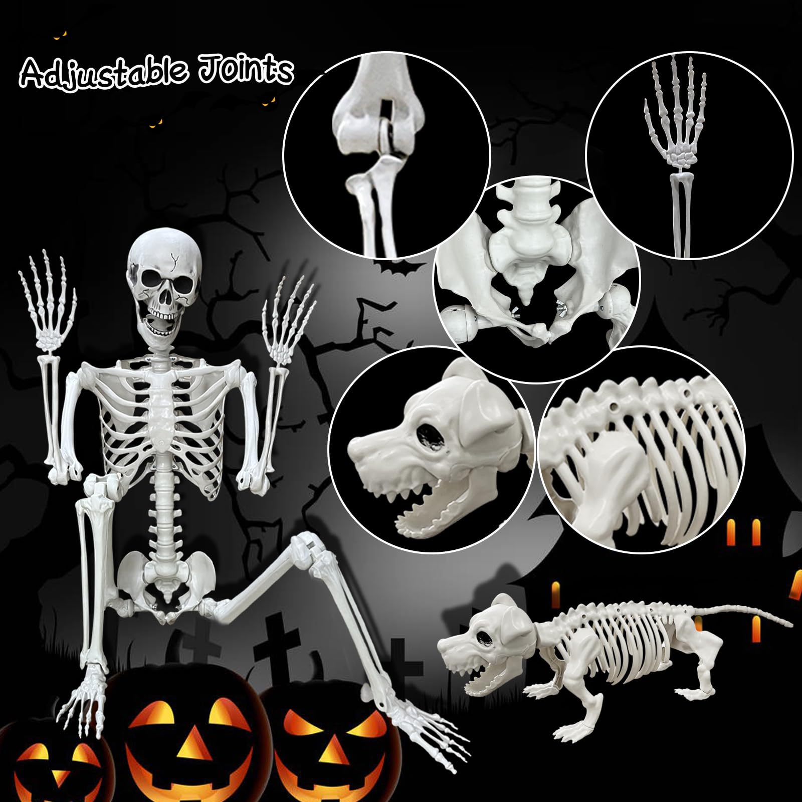 Lodou 5.4Ft Posable Life Size Human Adult Skeletons with Dog Skeleton, Plastic Human Bones with Movable Joints for Halloween Decoration