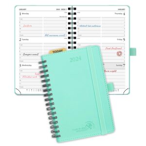 POPRUN 2024 Weekly Planner Spiral Bound - Hourly Schedule & Vertical Weekly Layout - 2024 Planner for Time Management,6.5" x 8.5"- Monthly Tabs, Pen Holder, Leather Soft Cover - Green