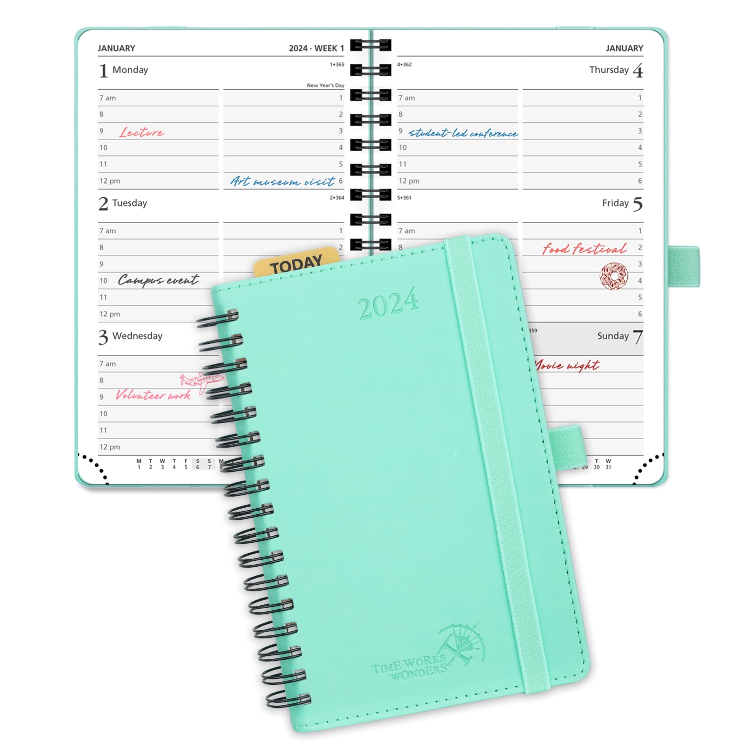 POPRUN 2024 Weekly Planner Spiral Bound - Hourly Schedule & Vertical Weekly Layout - 2024 Planner for Time Management,6.5" x 8.5"- Monthly Tabs, Pen Holder, Leather Soft Cover - Green