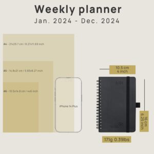 POPRUN 2024 Weekly Planner Spiral Bound - Hourly Schedule & Vertical Weekly Layout - 2024 Planner for Time Management,6.5" x 8.5"- Monthly Tabs, Pen Holder, Leather Soft Cover - Green