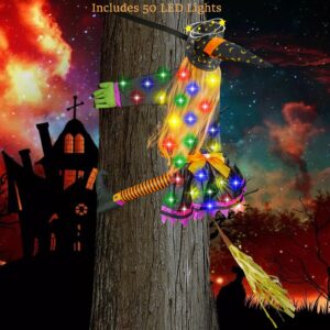 WOKEISE Halloween Crashing Witch Into Tree with 50 Color Lights,Funny Flying Witches Hanging Halloween Decorations Outdoor Indoor Yard Porch Decor