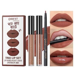 zamaniya 3 in 1 lip gloss set with matte lipstick ,moisturizing lip gloss and 2mm lip liner liquid lipstick long lasting makeup lip plumping lipstick lipgloss soft and smooth like cream (05 - maple leaf red-brown)