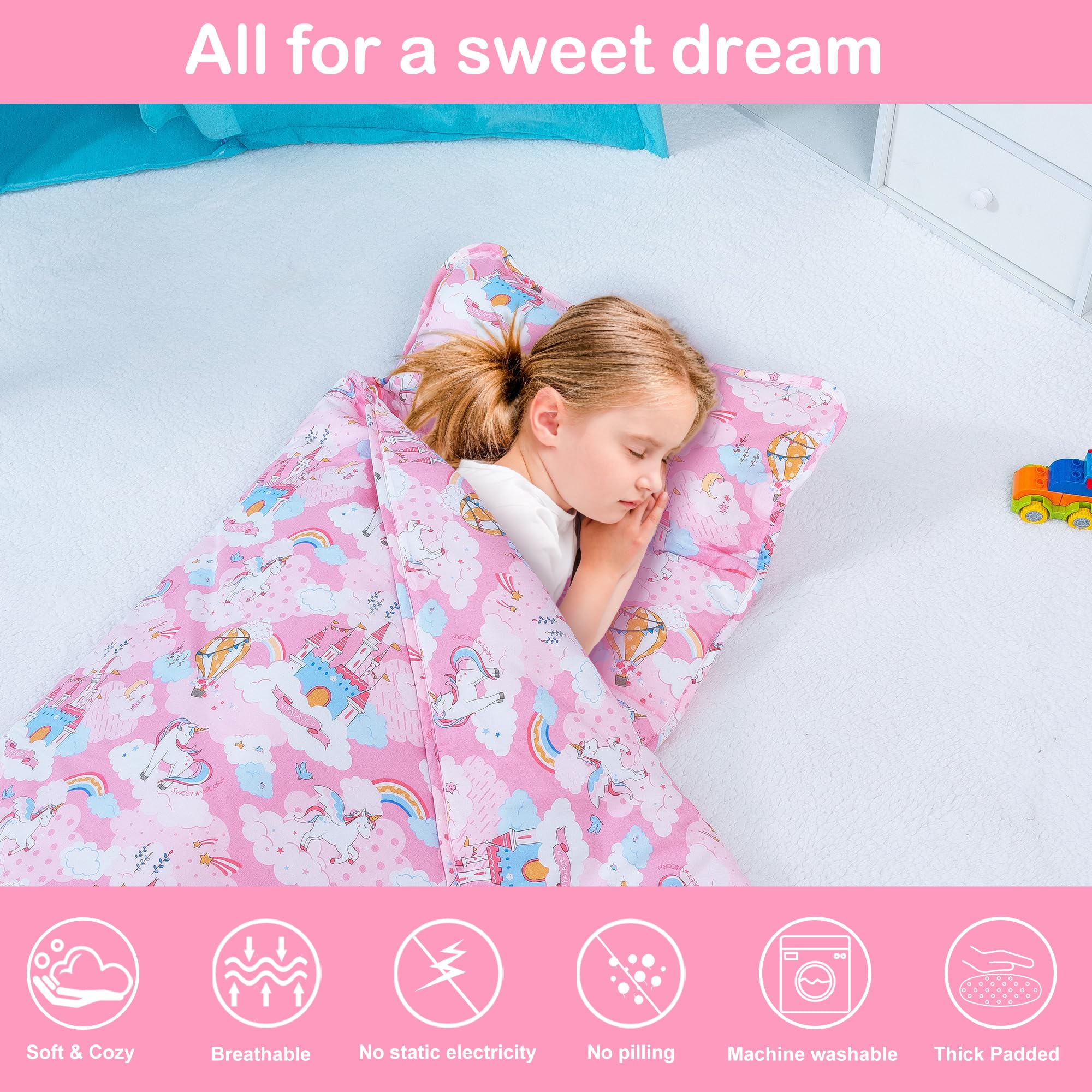 Rossison Nap Mat with Pillow and Blanket 100% Cotton with Microfiber Fill, Padded Sleeping Mat, for Daycare Preschool Toddler Prek Girls Kids (Pink Unicorn, Standard-50 x20)