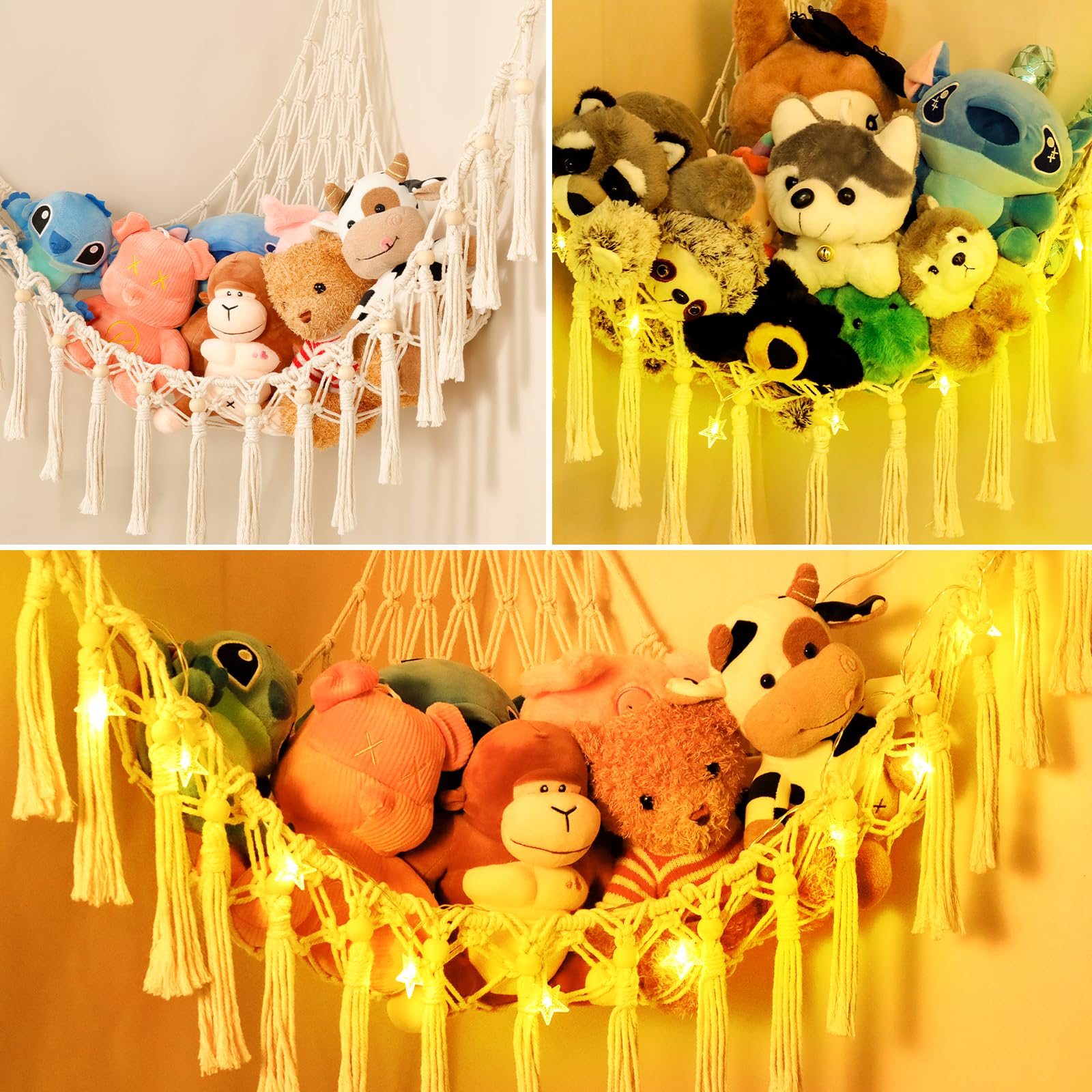 Stuffed Animal Net or Hammock with LED Light Macrame Stuffed Animal Storage Organizer Plush Animal corner Storage Doll Teddy Bear Hammock for Wall Bedroom Living Boho