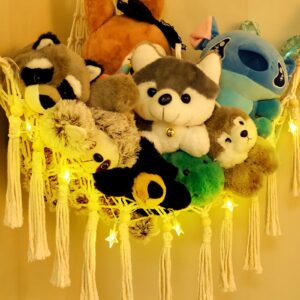 Stuffed Animal Net or Hammock with LED Light Macrame Stuffed Animal Storage Organizer Plush Animal corner Storage Doll Teddy Bear Hammock for Wall Bedroom Living Boho