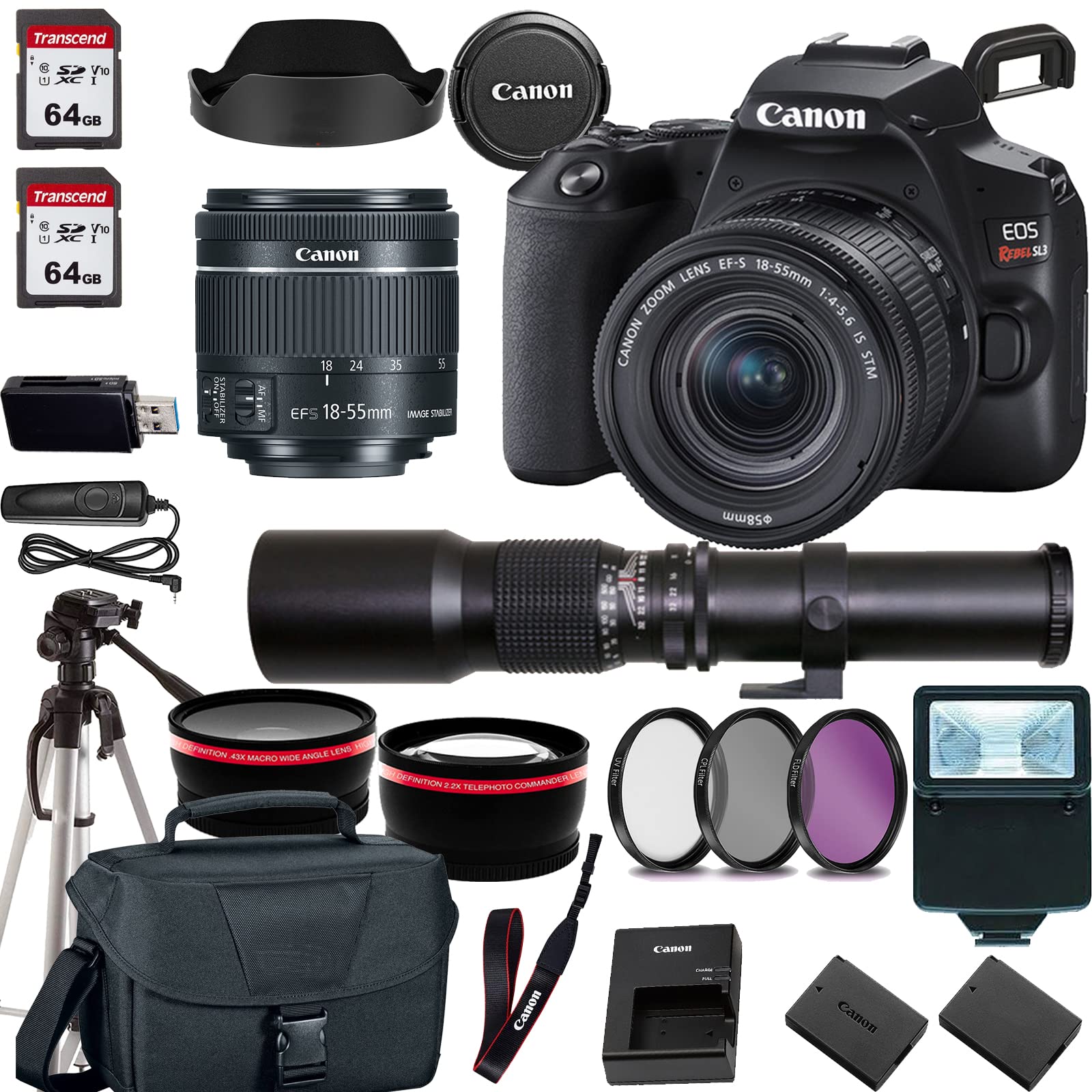 Canon Rebel SL3 / EOS 250D DSLR Camera w/Canon EF-S 18-55mm f/4-5.6 is STM Lens+500mm f/8.0 Telephoto Lens+case+128Memory Cards (24PC)