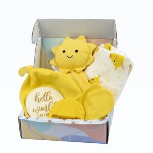 baby gift box muslin swaddle blanket set with silicone teether and accessories - perfect for newborn girls and boys - cute and elegant packaging - 6 pieces in a box
