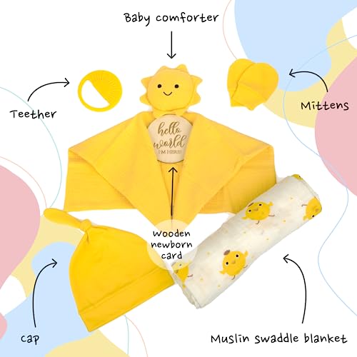 Baby Gift Box Muslin Swaddle Blanket Set with Silicone Teether and Accessories - Perfect for Newborn Girls and Boys - Cute and Elegant Packaging - 6 Pieces in a Box