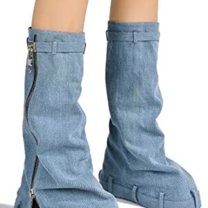 Cape Robbin Women's Fold Over Knee High Boots Platform Heel Padlock Boot with Zipper JENAS - DENIM 7