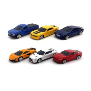 just for laughs 6 diecast metal cars, 1:64 scale mini cars, officially licensed - ford f-150, bentley continental gt, chevrolet camaro, ford mustang 2015, mclaren 600lt, nissan gt-r (r35)