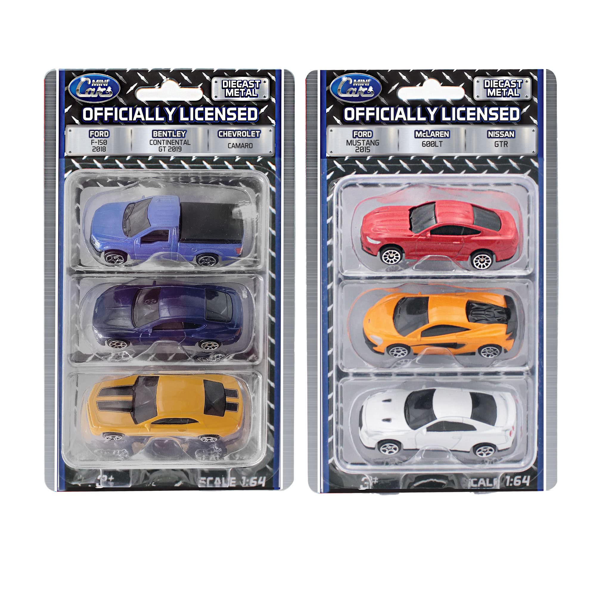 Just For Laughs 6 Diecast Metal Cars, 1:64 Scale Mini Cars, Officially Licensed - Ford F-150, Bentley Continental GT, Chevrolet Camaro, Ford Mustang 2015, McLaren 600LT, Nissan GT-R (R35)