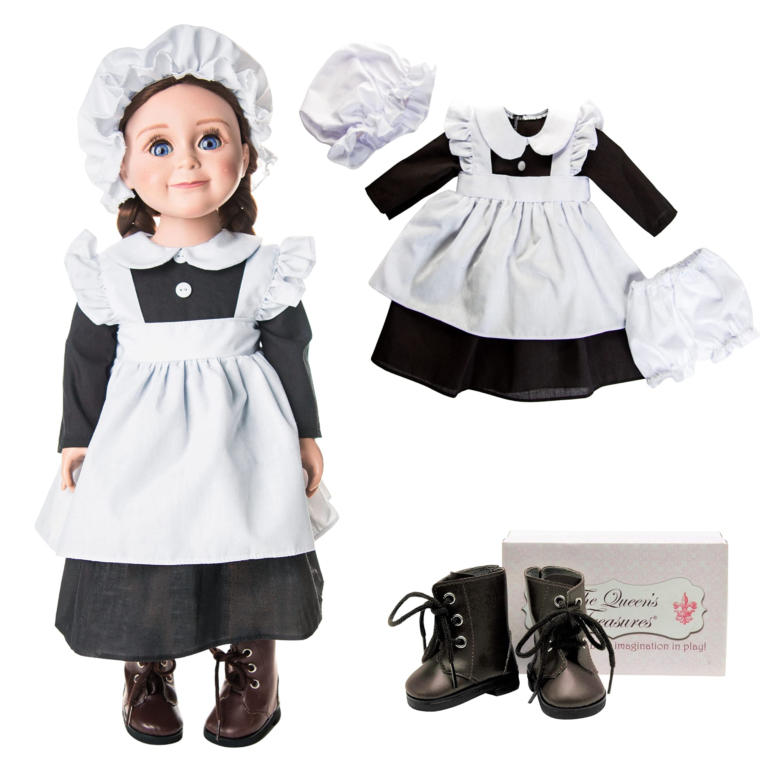 THE QUEEN'S TREASURES 18 in Doll Clothes and Accessories, 5 PC Kitchen Maid Uniform with Dress, Cap, Apron, Pantaloons. Includes Boots. Fits American Girl Dolls. Doll NOT Included