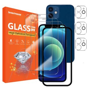 seninhi [3+3pack] for iphone 12 (6.1inch) screen protector 3pack + camera lens protector 3pack, tempered glass screen protector [with easy installation frame] [9h hardness] [anti-scratch] [bubble
