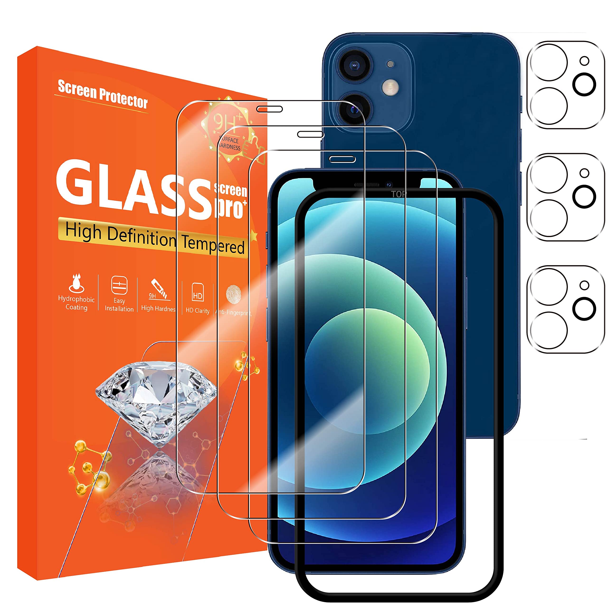 seninhi [3+3Pack] for iphone 12 (6.1inch) Screen Protector 3Pack + Camera Lens Protector 3Pack, Tempered Glass Screen Protector [With Easy Installation Frame] [9H Hardness] [Anti-Scratch] [Bubble