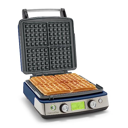 GreenPan Elite 4-Square Belgian & Classic Waffle Iron, Healthy Ceramic Nonstick Aluminum Dishwasher Safe Plate, Adjustable Shade/Crunch Control Wont Overflow Easy Clean,Breakfast,PFAS-Free,Oxford Blue