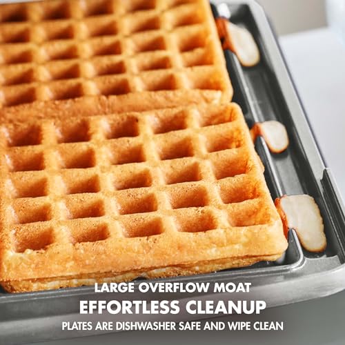 GreenPan Elite 4-Square Belgian & Classic Waffle Iron, Healthy Ceramic Nonstick Aluminum Dishwasher Safe Plate, Adjustable Shade/Crunch Control Wont Overflow Easy Clean,Breakfast,PFAS-Free,Oxford Blue