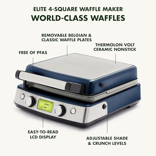 GreenPan Elite 4-Square Belgian & Classic Waffle Iron, Healthy Ceramic Nonstick Aluminum Dishwasher Safe Plate, Adjustable Shade/Crunch Control Wont Overflow Easy Clean,Breakfast,PFAS-Free,Oxford Blue