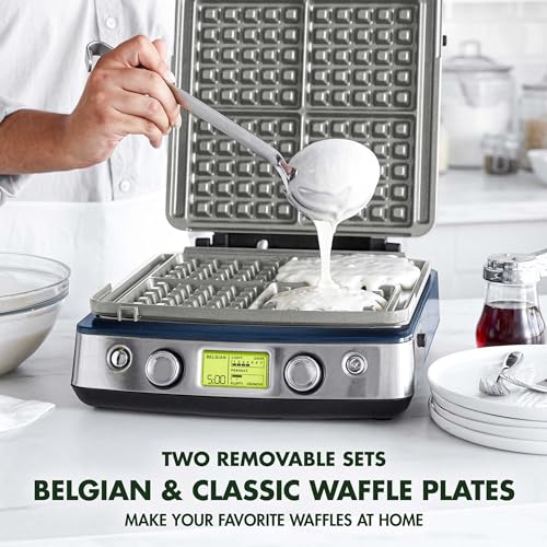 GreenPan Elite 4-Square Belgian & Classic Waffle Iron, Healthy Ceramic Nonstick Aluminum Dishwasher Safe Plate, Adjustable Shade/Crunch Control Wont Overflow Easy Clean,Breakfast,PFAS-Free,Oxford Blue