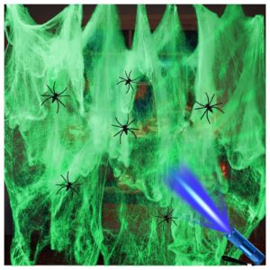 glow in the dark spider web, spider web for halloween decorations, diy white mega cobwebs with 6 fake spiders, white stretch spider web decoration for creepy scene props indoor