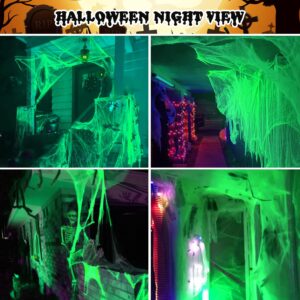 Glow in The Dark Spider Web, Spider Web for Halloween Decorations, DIY White Mega Cobwebs with 6 Fake Spiders, White Stretch Spider Web Decoration for Creepy Scene Props Indoor