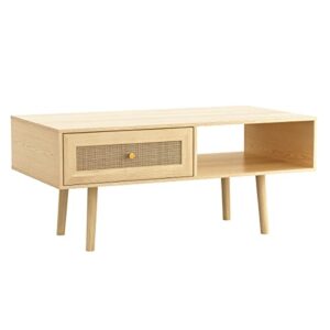 Atlantic Loft & Luv Remy Boho Mid-Century Natural Storage Drawer and Shelf, Finish Rattan Coffee Table