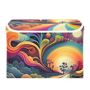 Vnurnrn Storage Bin with Lid Collapsible Trippy Road Print, Large Capacity Foldable Storage Basket Cube for Clothes Toys 16.5×12.6×11.8 IN