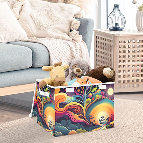 Vnurnrn Storage Bin with Lid Collapsible Trippy Road Print, Large Capacity Foldable Storage Basket Cube for Clothes Toys 16.5×12.6×11.8 IN
