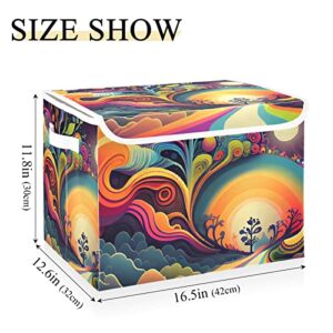 Vnurnrn Storage Bin with Lid Collapsible Trippy Road Print, Large Capacity Foldable Storage Basket Cube for Clothes Toys 16.5×12.6×11.8 IN
