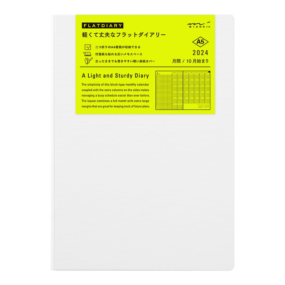 Midori 22280006 Flat Diary Notebook, 2024, A5, Monthly, White, Starts October 2023 (A5)