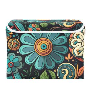 vnurnrn storage bin with lid collapsible hippie style floral print, large capacity foldable storage basket cube for clothes toys 16.5×12.6×11.8 in
