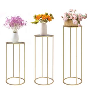 chamvis gold metal plant stand, 3 pcs tall cylinder pedestal stands for parties and weddings, gold round cylinder tables for living room and patio decor