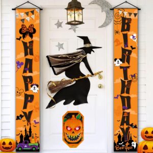 Halloween Birthday Party Decorations Door Banners, 2pcs Happy Birthday Porch Sign Banner, Cartoon Themed Party Supplies Decorations Welcome Door Banner for Halloween Birthday Party