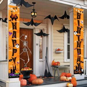 Halloween Birthday Party Decorations Door Banners, 2pcs Happy Birthday Porch Sign Banner, Cartoon Themed Party Supplies Decorations Welcome Door Banner for Halloween Birthday Party