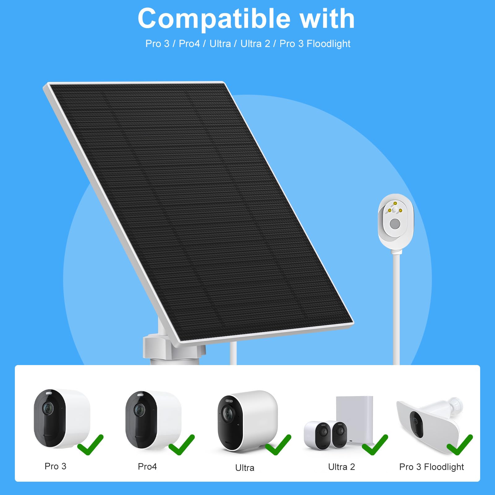 Solar Panel Charger for Arlo,Solar Panel for Arlo Pro 5S 2K,Pro 4,Pro 3,Floodlight,Ultra 2,Ultra,Go 2,5W IP65 Waterproof Solar Panel Charger for Arlo,9.84Ft Charging Cable,360°Wall Mount(1Pack)