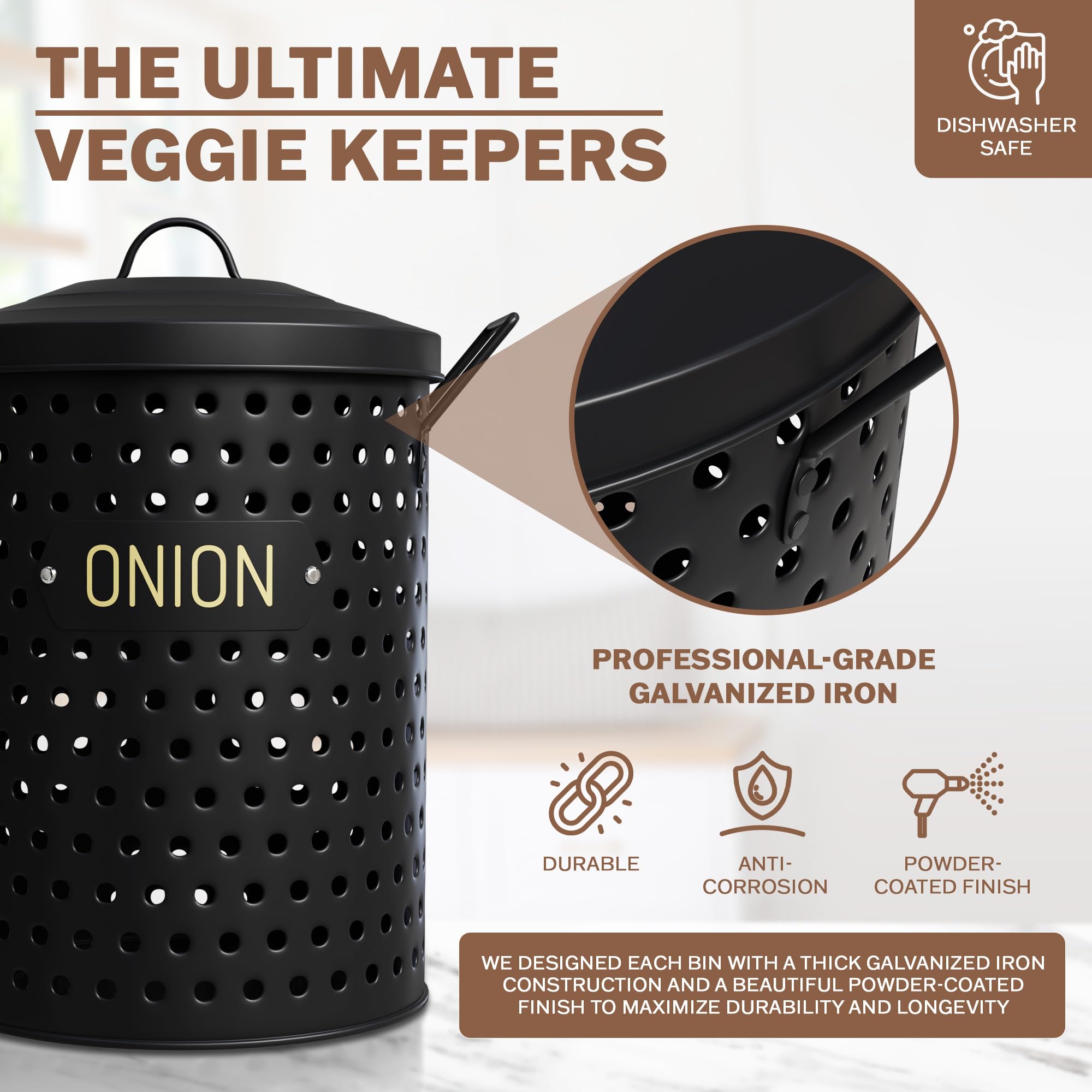 Kitchlab Set of 2 Potato and Onion Storage Bin - Matte Black Finish and Galvanized Kitchen Storage Bins - 10 x 12 Potato Keeper Storage Container - 8.94" Onion Storage Box for Kitchen Counter & More