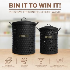 Kitchlab Set of 2 Potato and Onion Storage Bin - Matte Black Finish and Galvanized Kitchen Storage Bins - 10 x 12 Potato Keeper Storage Container - 8.94" Onion Storage Box for Kitchen Counter & More