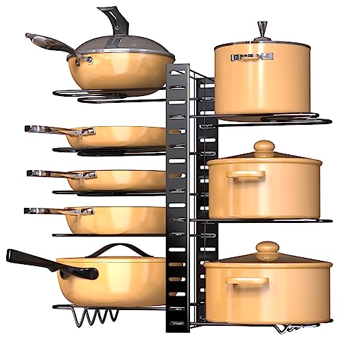 HAOWUJIN Pots And Pans Organizer for Cabinet, 8 Tiers Adjustable With Drain Tray Pan Organizer Rack for Under Cabinet, Kitchen Cookware Baking Cookie Cutting Board 3 DIY Methods Pot Lid Organizer