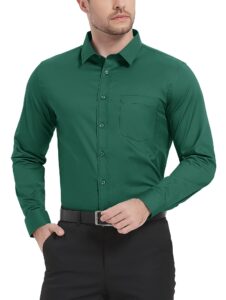 magcomsen men's dress shirts long sleeve button up shirt with pocket fitted formal business wear solid cotton fashion shirts dark green, l