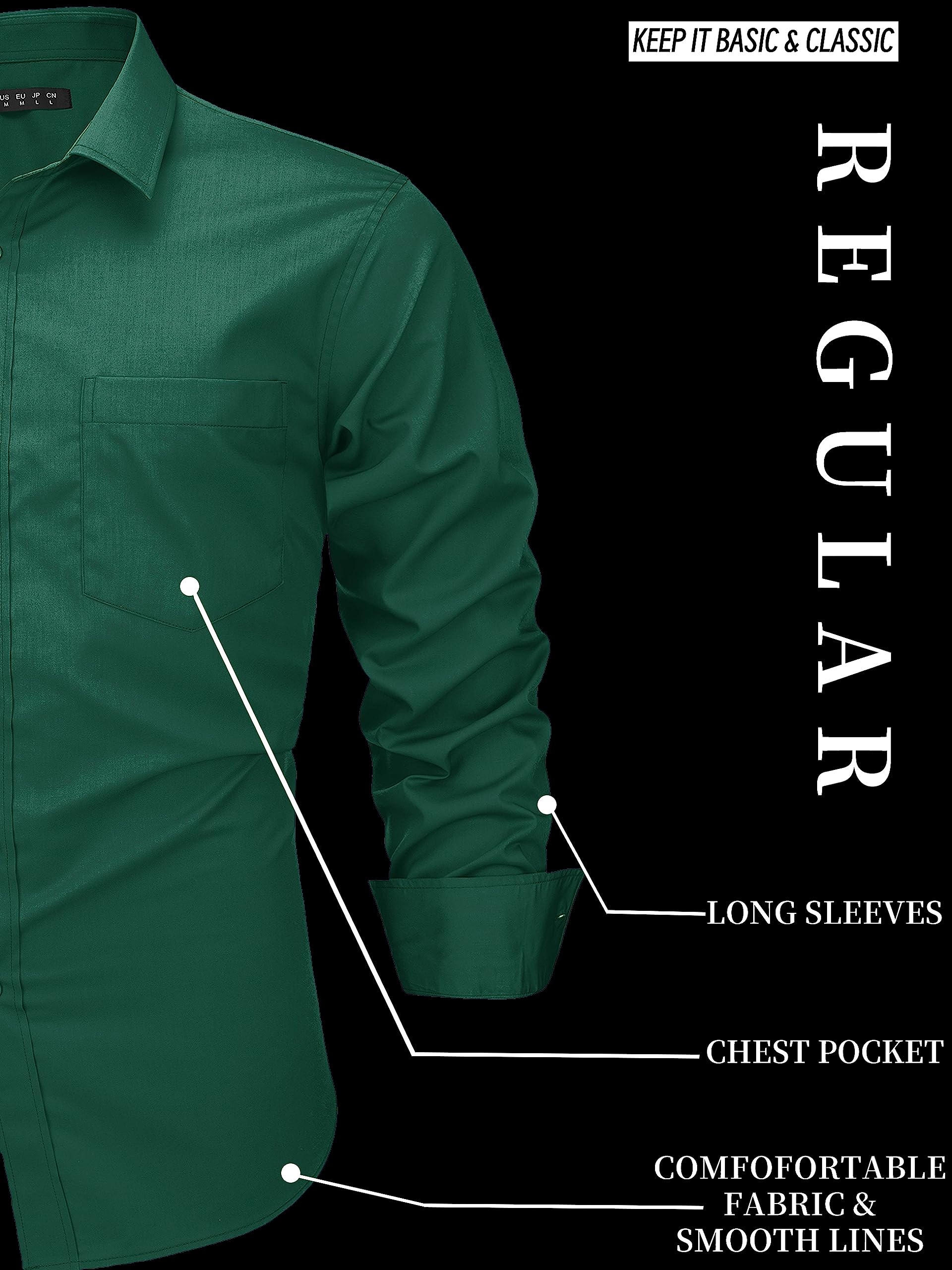 MAGCOMSEN Men's Dress Shirts Long Sleeve Button Up Shirt with Pocket Fitted Formal Business Wear Solid Cotton Fashion Shirts Dark Green, L