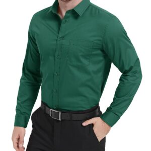 MAGCOMSEN Men's Dress Shirts Long Sleeve Button Up Shirt with Pocket Fitted Formal Business Wear Solid Cotton Fashion Shirts Dark Green, L