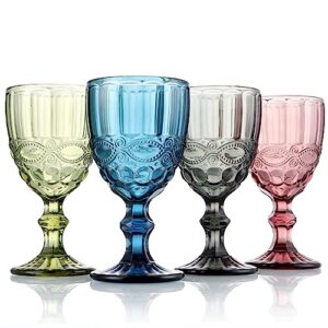 mdluu vintage glass goblets, 10.8oz/320ml stemmed glassware set, embossed water goblets, red wine glasses for party, wedding, christmas, catering, set of 4 (multi-colored)